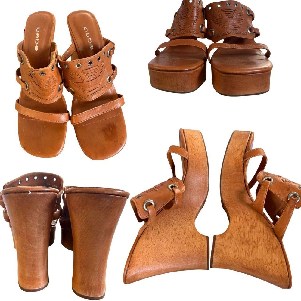 Stunning rare vintage 90s Bebe chunky wooden platform sandals 8.5-9 EUC - Picture 5 of 6